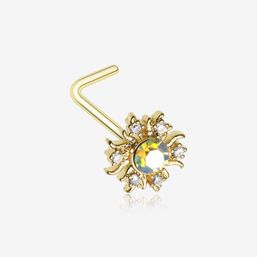 Golden Blazing Sparkle Sun L-Shaped Nose Ring-Aurora Borealis/Clear Gem